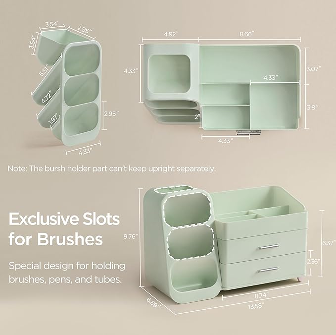 HBlife Makeup Organizer with Brush Holder for Vanity, Large Plastic Bathroom Countertop Organizer Skin Care Storage, Easy to Store Lipsticks, Nail Polishes, Perfumes, Eyeshadow Palettes, All Green - Image 3