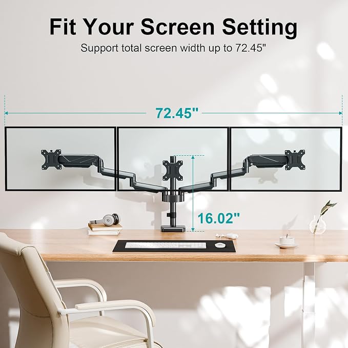 MOUNT PRO Triple Monitor Mount, 3 Monitor Desk Arm fits Three Max 27" LCD Computer Screens, up to 17.6lbs Each, Premium Gas Spring Display Stand with Tilt Swivel Rotation, Vesa Mount 75x75,100x100 - Image 4