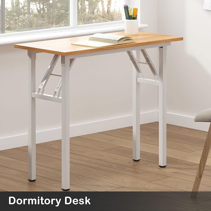 Need Small Computer Desk 31.5 in Folding Home Office Table Teak | White Frame Writing Gaming Work Table/Sturdy Foldable Study Table for Small Space/Dormitory, No Assembly Required - Image 8