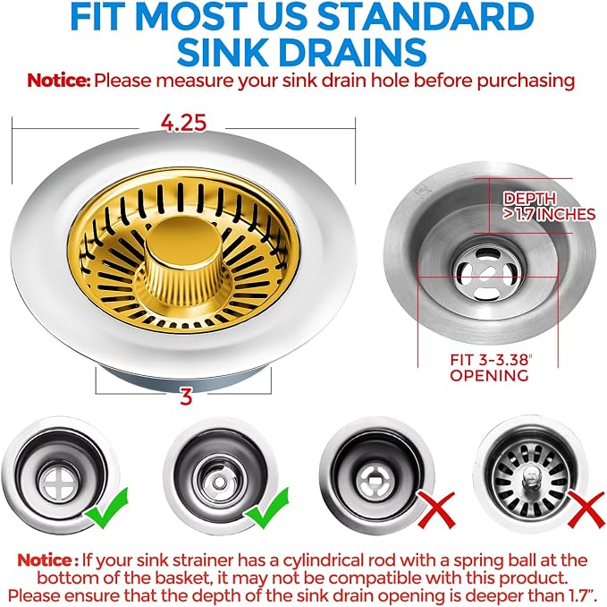 zaa 3 in 1 Kitchen Sink Drain Strainer Stopper Removable Basket Pop-Up | Kitchen Sink Accessories 1 Pack Gold Stainless - Food Catcher, Odor-Blocking Seal, Fits 3.5" Drain - Image 4