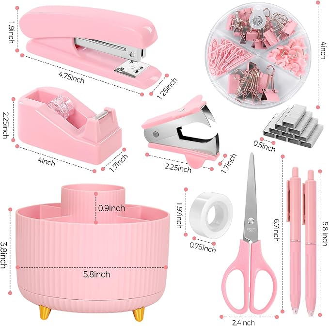 SKYDUE Pink Office Supplies Set, Pencil Holder for Desk,Gel Pen, Stapler, Tape Dispenser, Scissors,Clips and 1000pcs Staples, Office Decor for Women, Pink Desk Accessories - Image 6