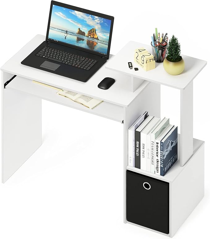 Furinno ECON Desk, 40" Wide Gaming Desk with Keyboard Tray, Computer Desk, Office Desk with Side Shelves and Storage Bin for Home Office, Plain White - Image 7