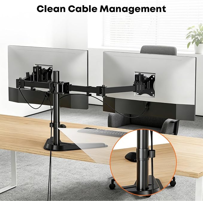 Dual Monitor Stand fits 17-32 inch, Free Standing Heavy Duty Monitor Mount | Precise Slide, Tilt, Swivel, Rotate and Height Adjust, 19.8 lbs per Arm, VESA 75/100mm - Image 6