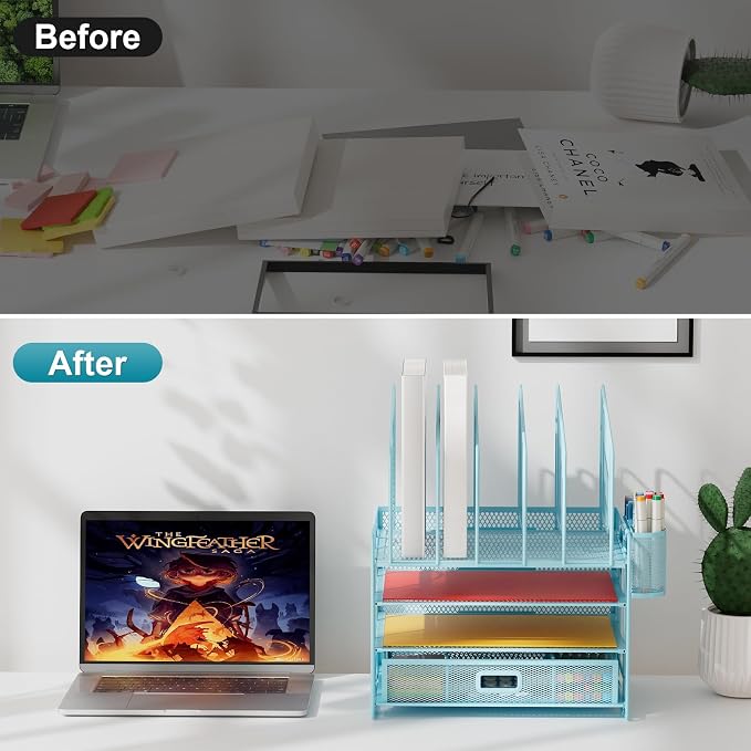 Marbrasse Desk Organizers, 4-Tier Mesh Desk File Organizer with 5 Vertical File Holders and 2 Pen Holders, Multifunction Desktop Organizer,Desk Organizers and Accessories for Home Office (Blue) - Image 6