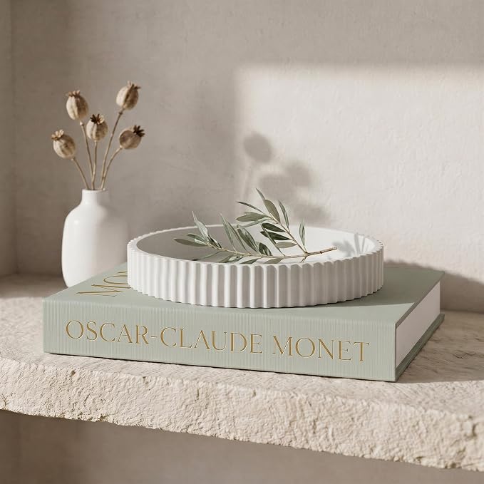 Decorative Concrete Tray & Book Decor Set - Scalloped Tray & Linen Box Enhance Your Coffee Table or Bookshelf Decor - Stylish Home Decoration for Your Living or Dining Room & as a Housewarming Gift by ZICOTO