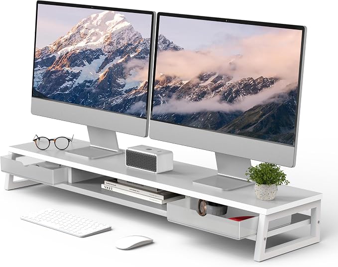 Fenge Dual Monitor Stand, Monitor Riser with Drawer, 42.5 Inch Large Computer Monitor Stand for 2 Monitors, 2 Tier Wooden Desk Shelf for Top of Desk by Fenge