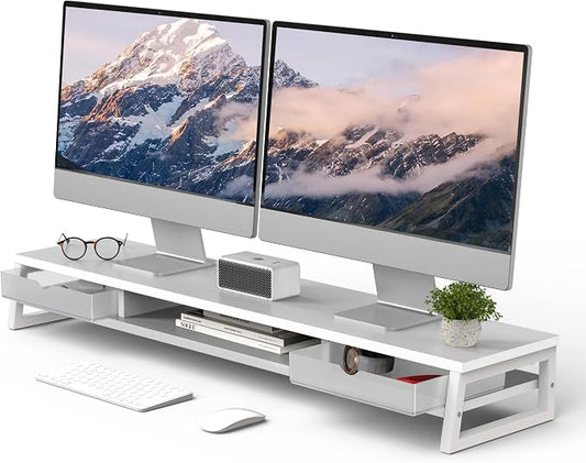 Fenge Dual Monitor Stand, Monitor Riser with Drawer, 42.5 Inch Large Computer Monitor Stand for 2 Monitors, 2 Tier Wooden Desk Shelf for Top of Desk by Fenge