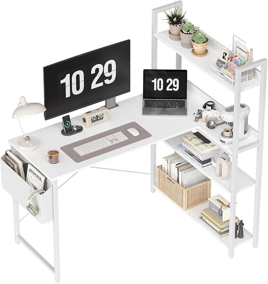 Treesland 40 Inch Computer Desk with Bookshelf, Corner Desk with Storage, L Shaped Desk, Home Office Desks, Writing Study Desk for Bedroom, White by Treesland