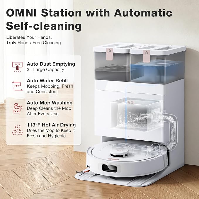 YEEDI M12 PRO Gen2 Robot Vacuum & Mop, 25000Pa Powerful Suction, LDS Laser Navigation, Auto Dust Collection & Mop Cleaning, 113°F Hot Air Dry OMNI Station, ZeroTangle 2.0 Technology, 3L Large Dust Bag - Image 8