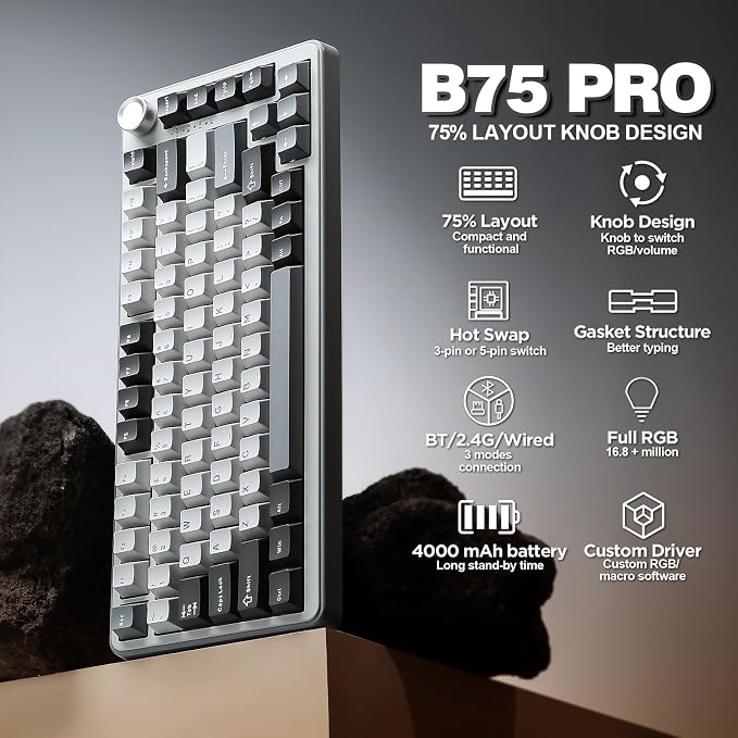 YUNZII B75 PRO 75% Wireless Mechanical Keyboard (Grey, Cocoa Cream V2) | Hot Swap Keyboard with Knob, Gasket Mount, Creamy Pre-lubed Switch for Smooth Typing, BT/USB-C/2.4G, for Gaming - Image 2