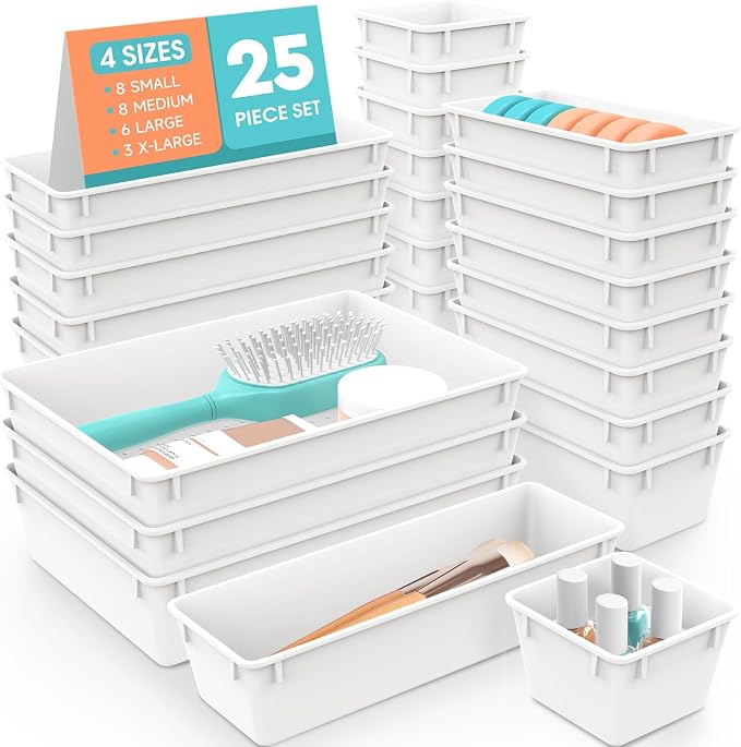 WOWBOX 25 PCS Plastic Drawer Organizer Set, 4 Sizes Desk Drawer Divider Organizers and Storage Bins for Makeup, Jewelry, Gadgets for Kitchen, Bedroom, Bathroom, Office, White by WOWBOX