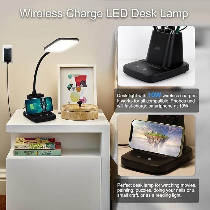LED Desk Lamp with 10W Wireless Charging & Pen Holder, Black | CRI 95, 800LM, Stepless Dimming, 3 Modes, 360°Flexible Arm, Touch, Study Table Lamp for Home Office, Dorm Room, with Adapter - Image 2