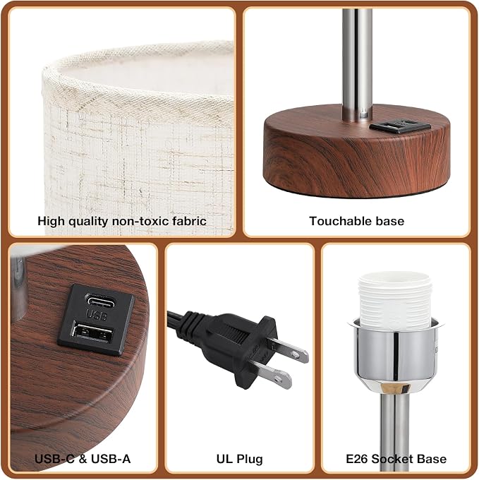Dicoool Bedside Table Lamp for Bedroom - 3-Way Dimmable Touch Lamp, USB A+C | LED Bulb Included, 14" Small Nightstand Lamp for Desk, Living Room, Guest Room, Cream Fabric Lampshade, Redwood Metal Base - Image 6