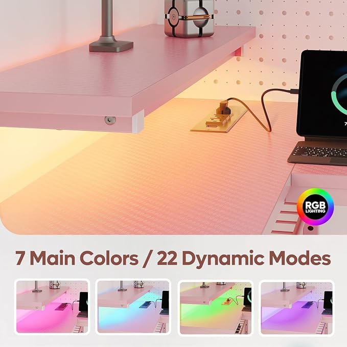 Bestier 42-Inch Pink L-Shaped Gaming Desk with Charging & LED | Charging 2AC+USB+Type-C, RGB LED 20 Colors/22 Modes, Reversible Shelves, Carbon Fiber Texture, Headset Hook, Small Space - Image 4