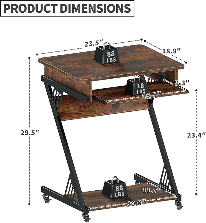 ALISENED Computer Desk for Small Spaces, 23.6" Z-Shaped Compact Study Table with Smooth Keyboard Tray with Wheels and Bottom Shelves for Home Office, Computer Cart Mobile Laptop Cart, Rustic Brown | 23.6" Z-Shaped, with Wheels and Bottom Shelves, for H... - Image 3