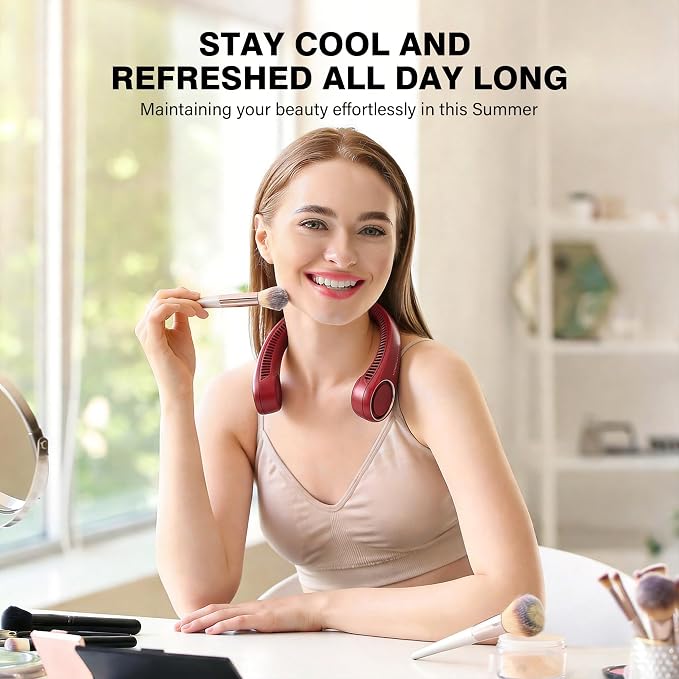 Morelax Neck Fan, USB Rechargeable Personal Fan,Hand Free Bladeless Portable Fans,4000 mAh, 3 Speeds,72 Air Faster softer 360° Cooling, Gift Suitable for Home, Office, Travel, Sports Red - Image 4