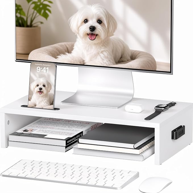 BONTEC Monitor Stand Riser with Cellphone Holder & Cable Management | 16.7 Inch Wood Monitor Riser Stand, Desktop Stand for PC/TV/Laptop/Printer, White by BONTEC