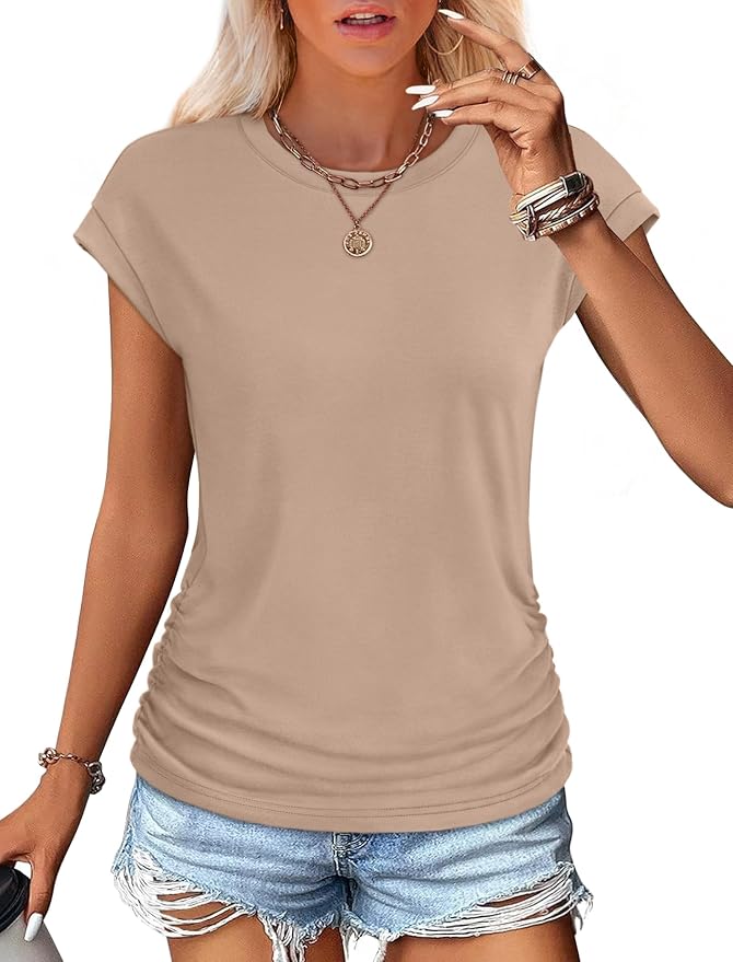 Sampeel Womens Summer Tops Trendy 2026 Ruched Cap Short Sleeve Tshirts Shirts Crew Neck T Shirts Fashion - Image 2