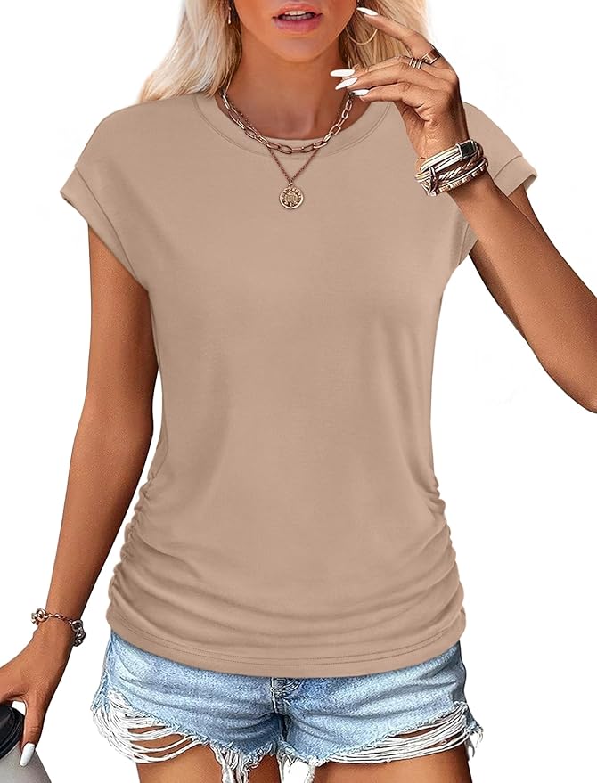 Sampeel Womens Summer Tops Trendy 2026 Ruched Cap Short Sleeve Tshirts Shirts Crew Neck T Shirts Fashion - Image 2