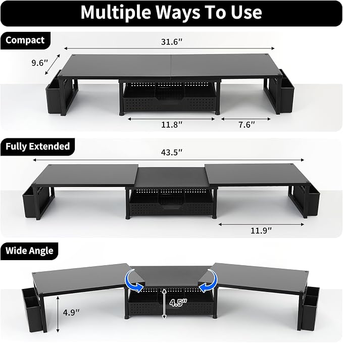 OPNICE Desk Organizers and Accessories, Dual Monitor Stand Riser with Drawer and 2 Pen Holders, Desk Shelf Wood Computer Racks for Office Workspace Organizers, Desktop Organization (Black Wood) - Image 6