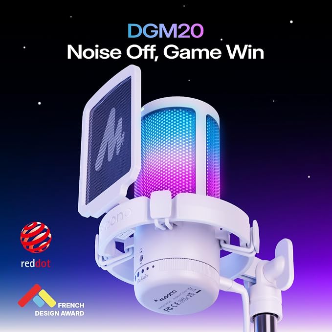 MAONO DGM20S USB Microphone for PC with Clear Voice & Noise Reduction | RGB Lighting, Tap-to-Mute, Gain Control, Monitoring and Boom Arm for Discord Gaming, Streaming, Content Creation.White - Image 2