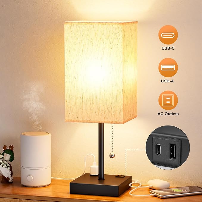 Bedside Lamp for Bedroom - 3 Color Temperatures, USB A+C, 2 AC Outlets | Pull Chain Switch, LED Bulb Included, Cream Fabric Shade, 17.4" Table Lamp for Nightstand, Desk, Living Room, Office - Image 6