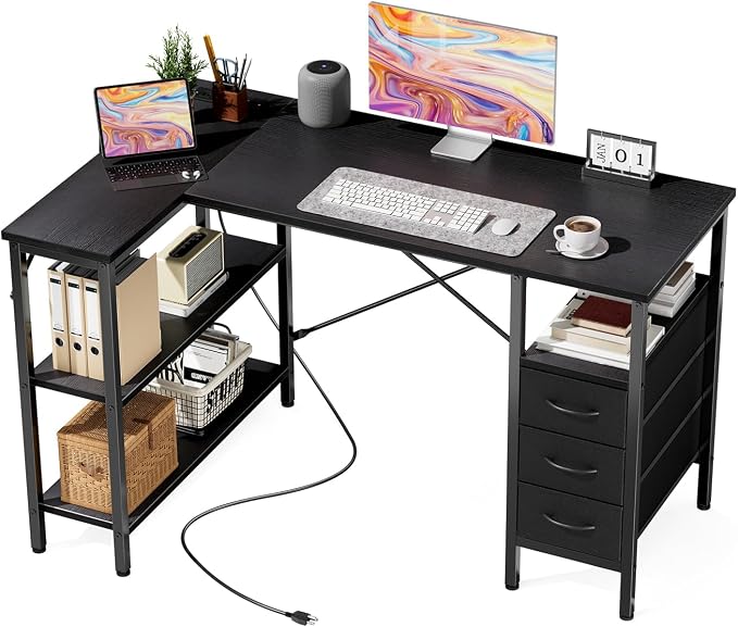 DUMOS L Shaped Desk with Drawers, Gaming Desk, 47 Inch | Power Outlet, Study Table, Adjustable Shelves, Home Office, Corner Computer Workstation, Bedroom, Black by DumosLifestyle