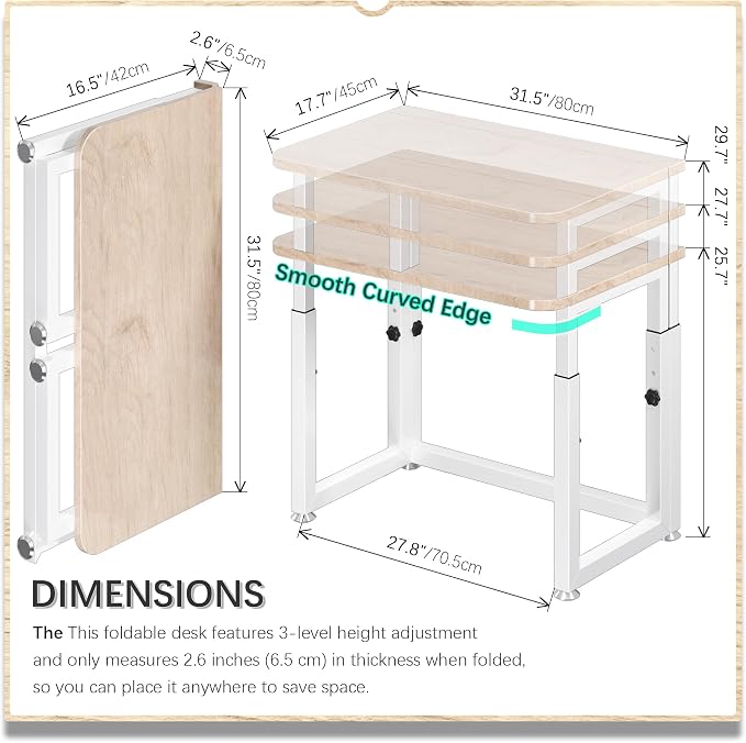 4NM No Tool Assembly 31.5" Small Desk, Folding Portable Desk with Wheels, Adjustable Height Foldable Computer Home Office Desks, Collapsible Study Writing Table for Space Saving Bedroom - Cloud Oak - Image 2