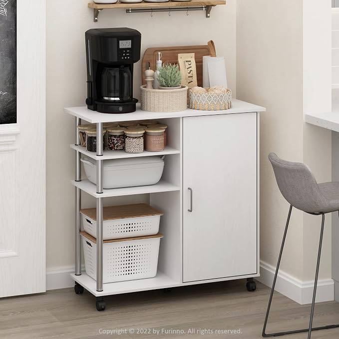Furinno Helena Rolling Cart, 4-Tier Rolling Utility Cart with Closed Cabinet, Storage Cart, for Office, Living Room, Kitchen, Storage and Organizers, White Wood by Furinno-FitsYourSpaceFitsYourBudget