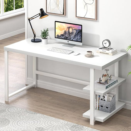 EXCEFUR White Computer Desk, Modern Home Office Desk with Storage Shelf, Wood and Metal Writing Study Table for Living Room Bedroom, 53 Inch by EXCEFUR