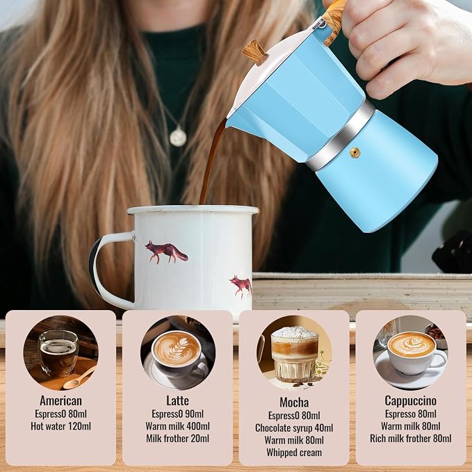 6 Cup Aluminum Moka Pot Classic Stovetop Espresso Coffee Maker 300ml 10oz Coffeemaker Percolator Mocha Pot Greca Coffee Maker Cafe Makers for Italian and Cuban Café Brewing Blue - Image 7