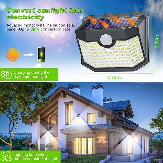 HMCITY 120 LED Outdoor Solar Lights with Motion Sensor and 3 Lighting Modes, IP65 Waterproof Wide Solar Wall Lights Ideal for Garden Patio Yard (Front Button 6Packs, Black Shell-Daylight White) - Image 3