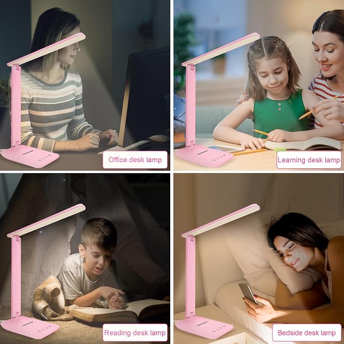 White crown LED Desk Lamp Dimmable Table Lamp Reading Lamp with USB Charging Port, 5 Lighting Modes, Sensitive Control, 30/60 Minutes Timer Pink (Pink, First-Generation) - Image 6
