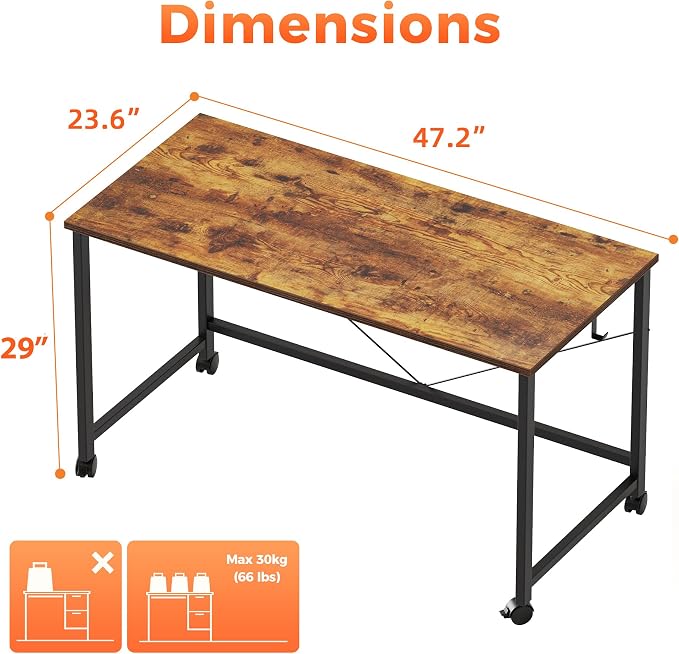 Mericonia 47x24 Inch Computer Desk with Wheels, Small Simple Rolling Desk | Writing Table for Home Office Bedroom Work Study, Brown - Image 2