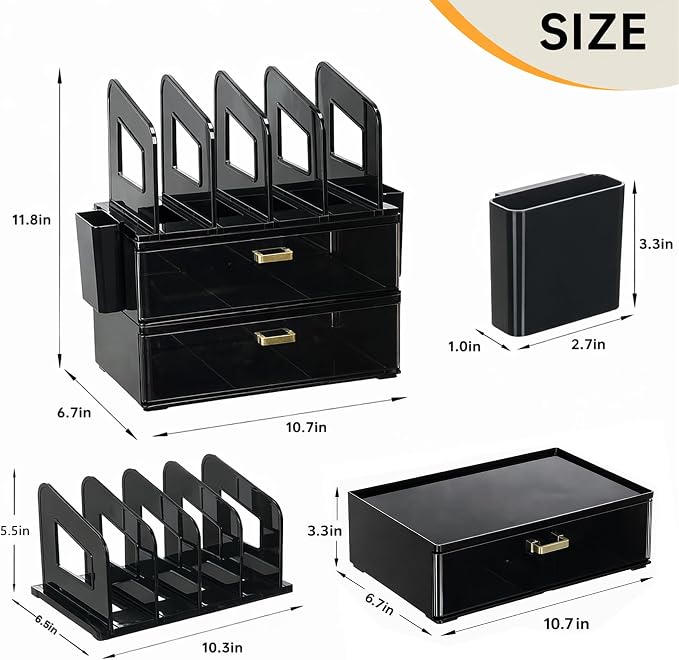 CiWiVOKi Desk Organizer with 4 File Slots and 2 Drawers, Black | File organizer with dual pen holders and storage compartments for mail, documents and office supplies - Image 2