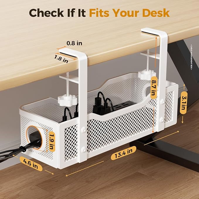 2 Pack Under Desk Cable Management Box White, Cinati 26.8" Wire Organizers No Drill, Cord Organization Tray with Clamp for Office, Home - No Damage to Desk - Image 5