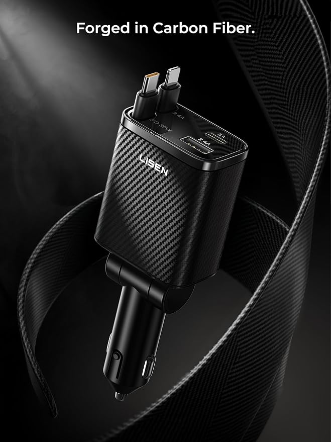 LISEN Retractable Car Charger, 84W Car Charger USB C Fast Charger Adapter, Car Accessories for Men Women, Gifts for Fathers Day for Men Dad Husband, for iPhone 17 16 15 14 13 12 Pro Max, Carbon-Black | Car Accessories, Compatible with iPhone 17 16 15 1... - Image 2