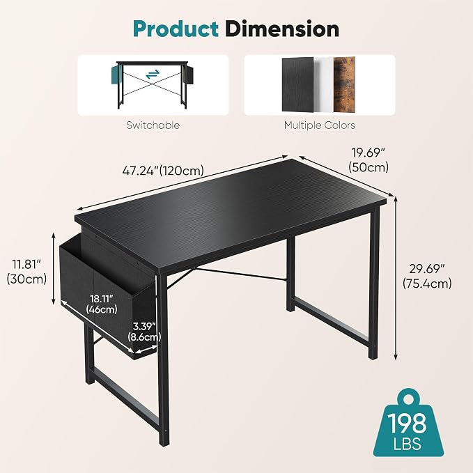 OLIXIS Computer Desk, 47 Inch Gaming Desks for Home Office Small Spaces | Writing Study Craft Work Table, Computer Workstation for Bedroom with Storage Bag, Black - Image 3