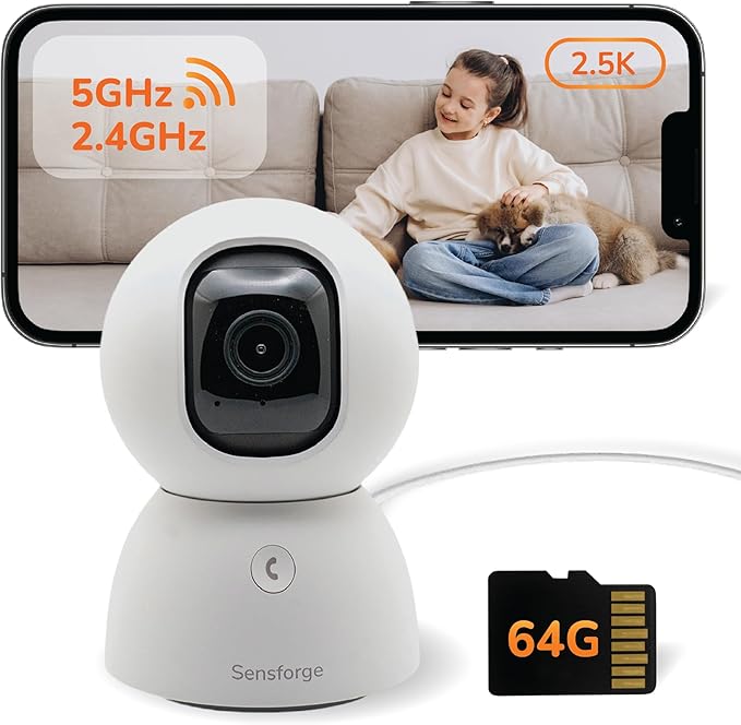 SensForge 2.5K Pan-Tilt Security Camera, 360° Dual-Band WiFi Camera for Home, Free AI Human & Pet Detection, 2-Day Cloud + 64GB SD Storage, Two-Way Talk, Optional AI + Storage Upgrade (1, White) by SensForge