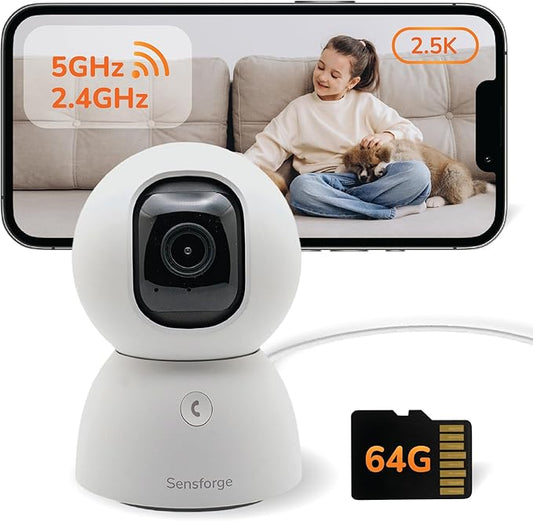 SensForge 2.5K Pan-Tilt Security Camera, 360° Dual-Band WiFi Camera for Home, Free AI Human & Pet Detection, 2-Day Cloud + 64GB SD Storage, Two-Way Talk, Optional AI + Storage Upgrade (1, White) by SensForge