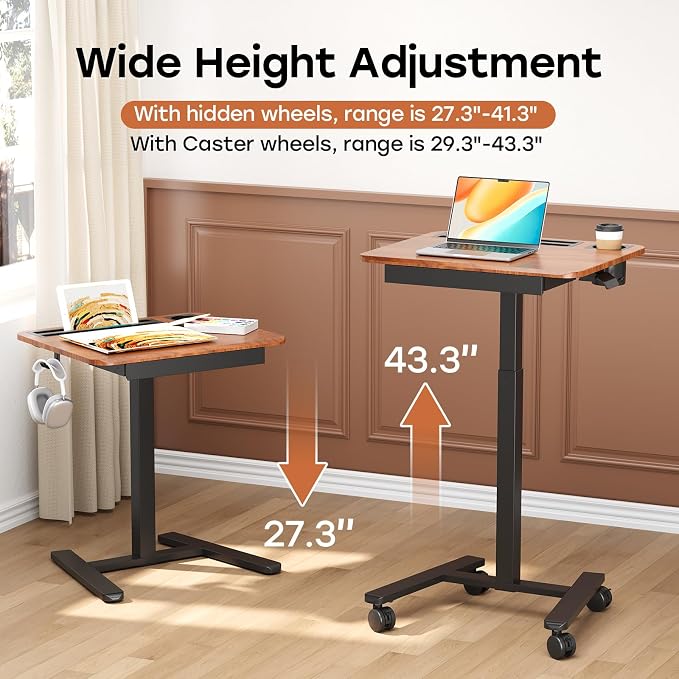 Small Mobile Standing Desk with Drawer, 23.6" x 19.7" Top | Height Adjustable Portable Laptop Desk with Wheels & Cup Holder, Sit Stand Computer Workstation for Compact Space, Dark Wood - Image 4