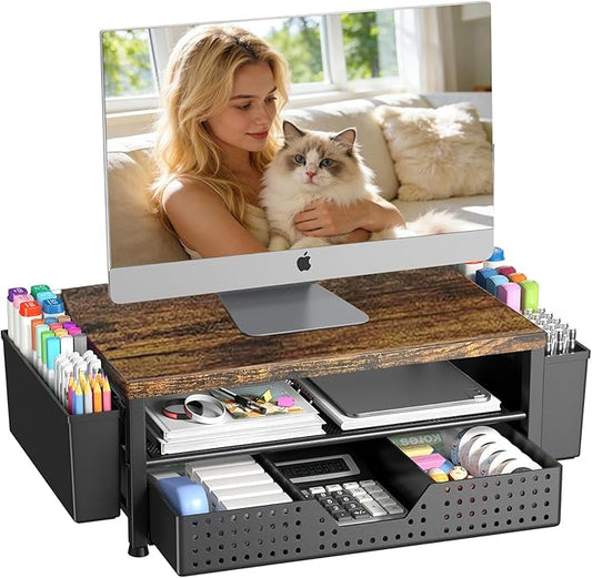 OPNICE Wood Desk Organizers and Accessories, 2-Tier Computer Monitor Stand Riser with Drawer and 2 Pen Holders, Laptop Stand, Office Desk Accessories for Office Supplies, Brown by OPNICE
