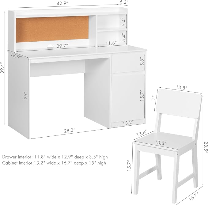 UTEX Wooden Kids Desk and Chair Set with Hutch and Storage for Ages 5-12 | Kids Study Table with Cork Bulletin Board, School Desk, Multi-Zone Storage, Water-based Paint Finish for Study Room - Image 3