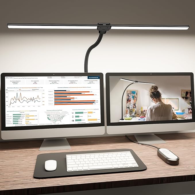 ShineTech LED Desk Lamp for Home Office, 4000K Neutral White Double Head Architect Task Lamps with Clamp, Dimmable Adjustable Flexible,Black by ShineTech