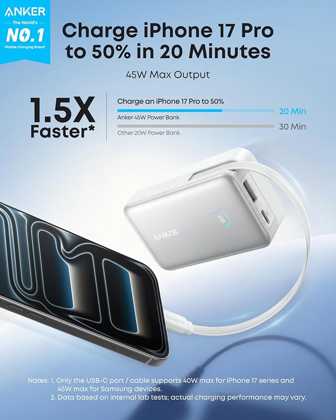 Anker Nano Power Bank, 45W 10,000mAh Portable Charger, iPhone Battery Pack | Built-In Retractable USB-C Cable, for iPhone 17 / 16 Series, iPad, Galaxy, Pixel, and More, Compact Travel Design - Image 2