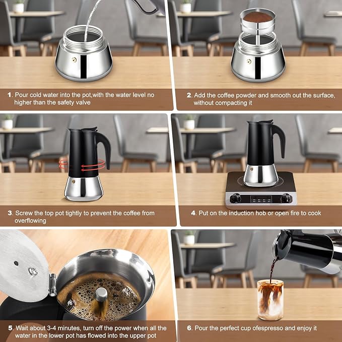 4 Cup Stovetop Espresso Maker Stainless Steel Moka Pot Stove Top Percolator Italian Coffee Makers Capable Mocha Greca Machine Cafe Classic Induction Cookers for Home and Camping 200ml 6.6oz - Image 9