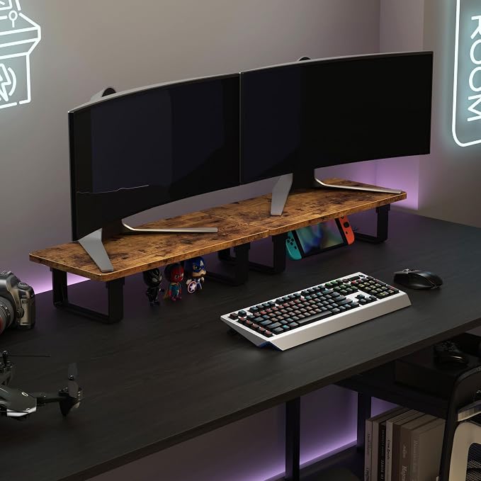 Monitor Stand Riser with 50 LB Capacity, Stable Wood Computer Monitor Stand for Desk Organizers, Anti-slip Computer Riser Monitor Shelf for PC Laptop Notebook Printer Computer iMac, Rustic Brown - Image 3