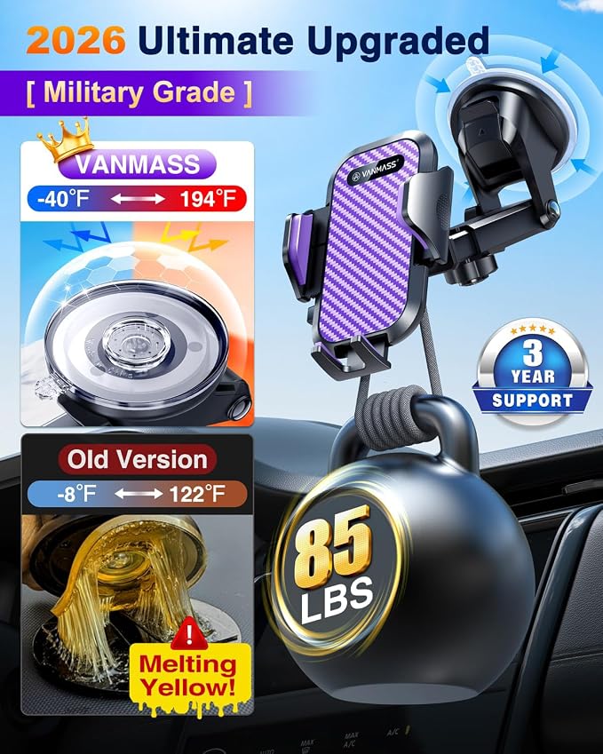 VANMASS Phone Holders for Your Car 2026 Ultimate Phone Mount Military-Grade Windshield Dashboard Vent【Newest Best Strongest】 Cell Phone Car Mount for iPhone 16 Pro Max 15 Samsung Android,Purple - Image 3