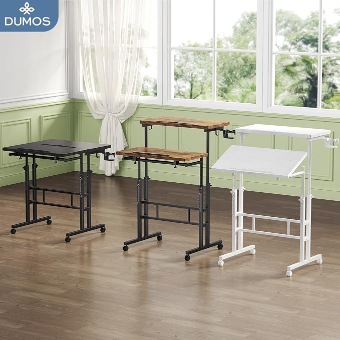 DUMOS Rolling Standing Desk, Sit Stand Desk, Computer Cart | 23.6 Inch Width, Height Adjustable, Split Top, Mobile Laptop Workstation, Office Table, Portable Design, Rustic Brown - Image 2
