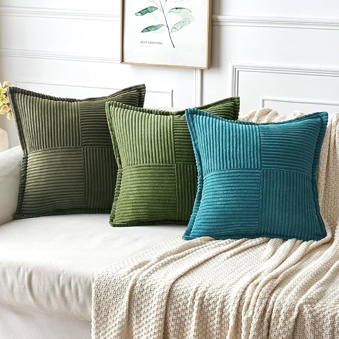 MIULEE Spring Decorative Throw Pillow Covers for Couch Bed Livingroom 16x16 Inch Set of 2 Moss Green Boho Accent Throw Pllows Broadside Striped Patchwork Soft Corduroy Summer Pillowcases - Image 5